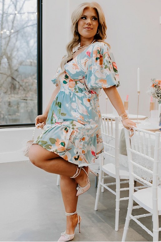 Summer plus size dress in light gray and floral print
