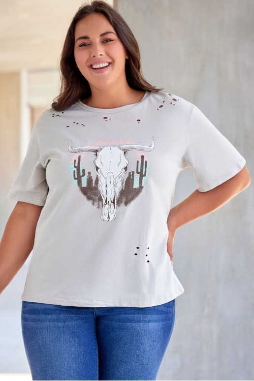 Light plus size t-shirt with a print and torn areas