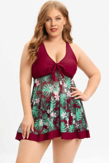 Marsala tropical print plus size tankini