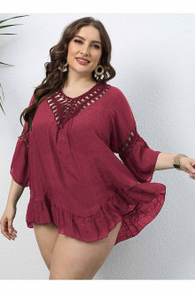 Beach dress in marsala with knitted embroidery and tassels