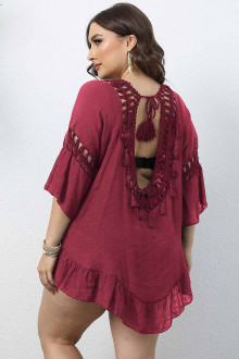 Beach dress in marsala with knitted embroidery and tassels