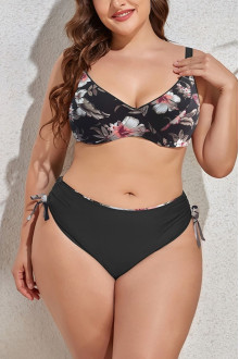 Black half plus size swimsuit with white flowers