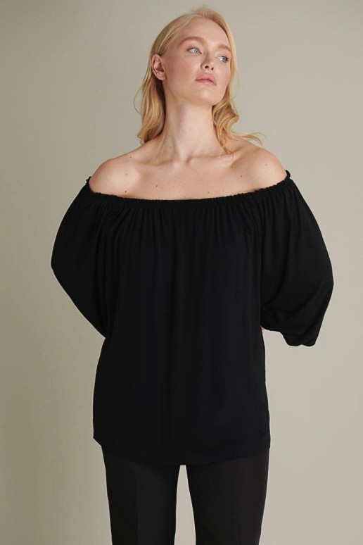 Sheer black plus size blouse with elastic neckline