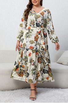 Long plus size dress with ruffles in floral print