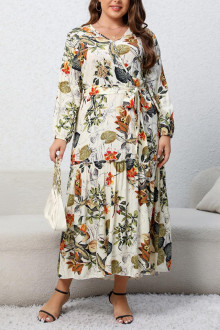 Long plus size dress with ruffles in floral print