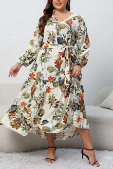 Long plus size dress with ruffles in floral print