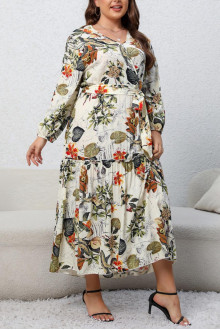 Long plus size dress with ruffles in floral print