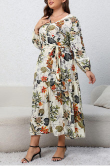 Long plus size dress with ruffles in floral print