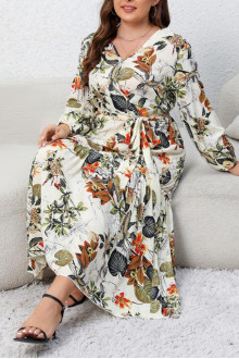 Long plus size dress with ruffles in floral print