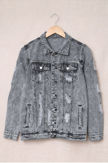 Gray plus size denim jacket with slight rips