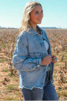 Light denim plus size jacket with eyelets