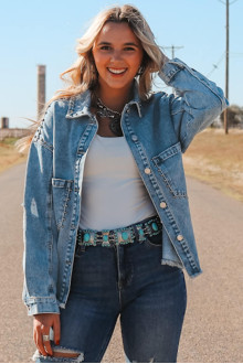 Light denim plus size jacket with eyelets