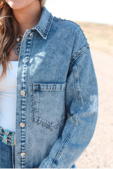 Light denim plus size jacket with eyelets