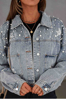 Light denim plus size jacket with pearls and stars