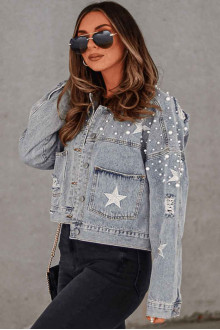 Light denim plus size jacket with pearls and stars