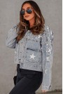 Light denim plus size jacket with pearls and stars