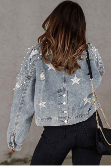 Light denim plus size jacket with pearls and stars