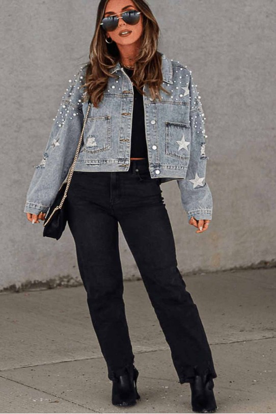 Light denim plus size jacket with pearls and stars