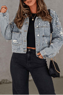 Light denim plus size jacket with pearls and stars