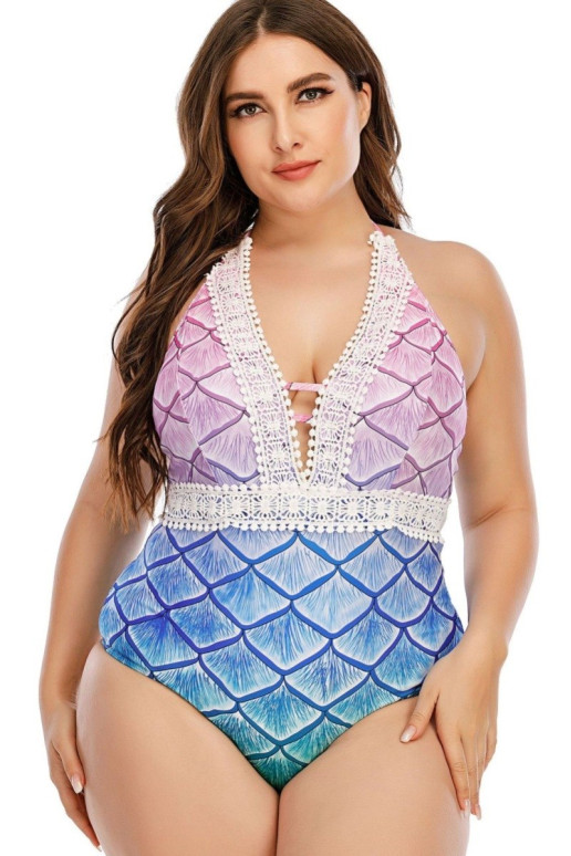 One piece plus size swimsuit with mermaid print and embroidery