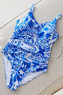 One piece swimsuit in a fresh blue and white floral print