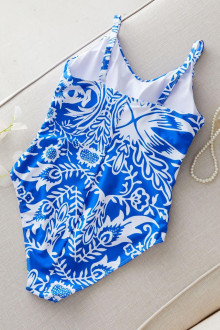 One piece swimsuit in a fresh blue and white floral print