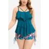 Plus size tankini with turquoise top and floral shorts