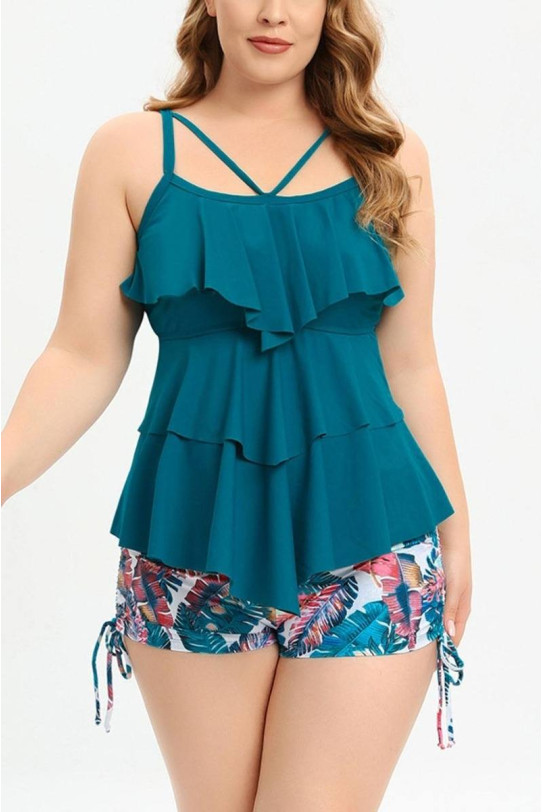 Plus size tankini with turquoise top and floral shorts