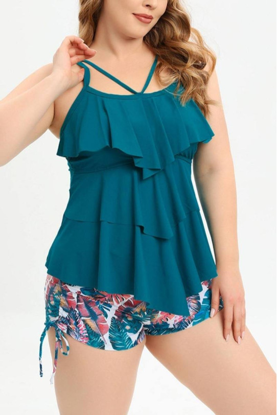 Plus size tankini with turquoise top and floral shorts