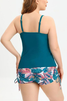 Plus size tankini with turquoise top and floral shorts