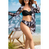 Set of half swimsuit and beach shirt in black and white floral pattern