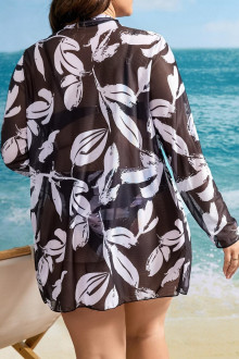 Set of half swimsuit and beach shirt in black and white floral pattern