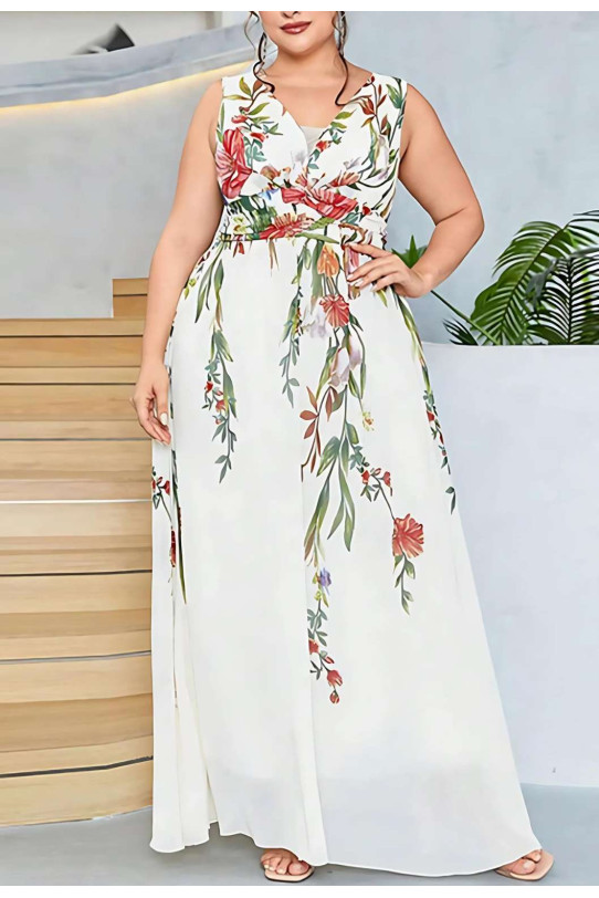 Elegant white plus size dress with floral print