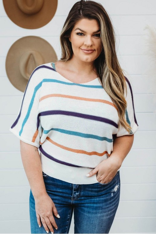 White knitted plus size blouse with short sleeves and colorful stripes