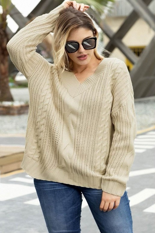 Stylish sweater with V-neck and vertical braid