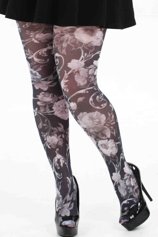 Plus size printed tights white roses