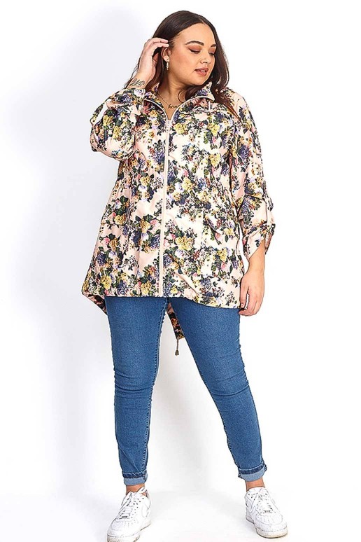 Transitional peach plus size jacket with floral print