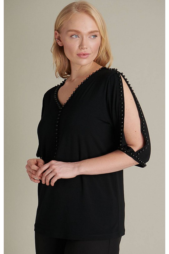 Елегантна черна макси блуза с 3/4-ти ръкави и черни перли