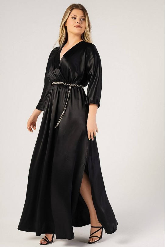 Луксозна официална дълга черна макси рокля от сатенирана материя