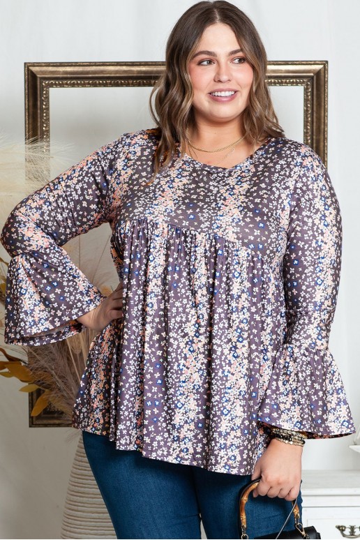 Purple plus size blouse with long sleeves and floral print