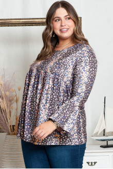 Purple plus size blouse with long sleeves and floral print