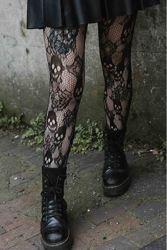 Mesh alternative plus size tights with skulls and roses