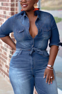 Tie-up denim plus size shirt