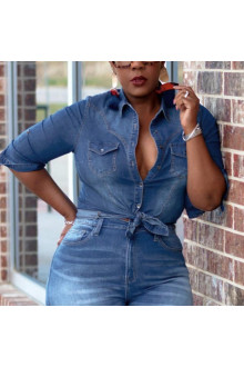 Tie-up denim plus size shirt