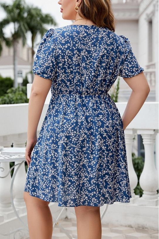 Short blue plus size dress with white flowers