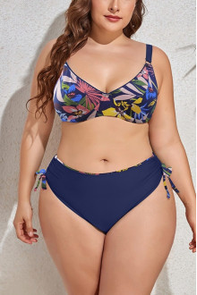 Blue plus size swimsuit with floral top