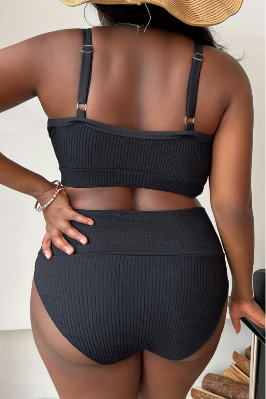 Fashionable black plus size half swimsuit with ties at the neckline