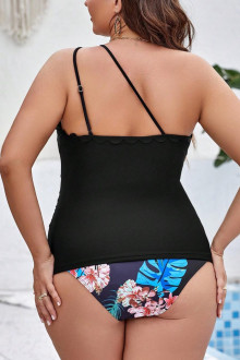 Set of plus size swimsuit with black tank top and floral bikini