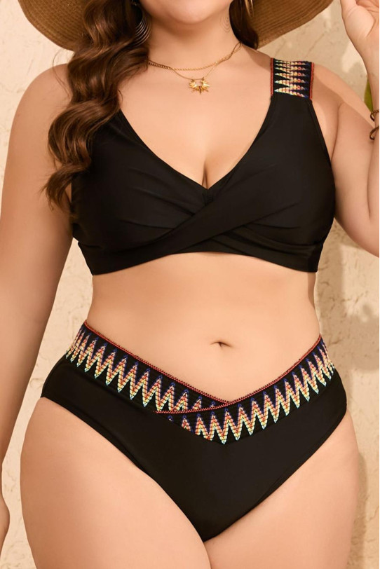 Black swimsuit with twisted neckline and ethnic motifs