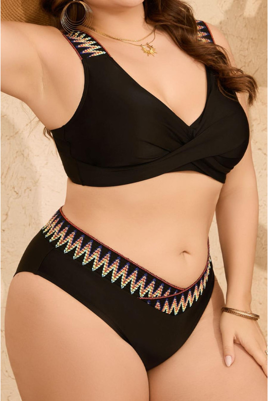 Black swimsuit with twisted neckline and ethnic motifs